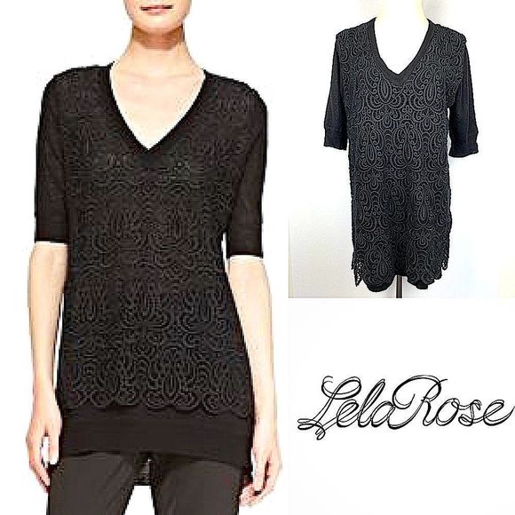 LELA ROSE EMBROIDERED V-NECK SHORT SLEEVE KNIT SWEATER Top - Picture 2 of 8